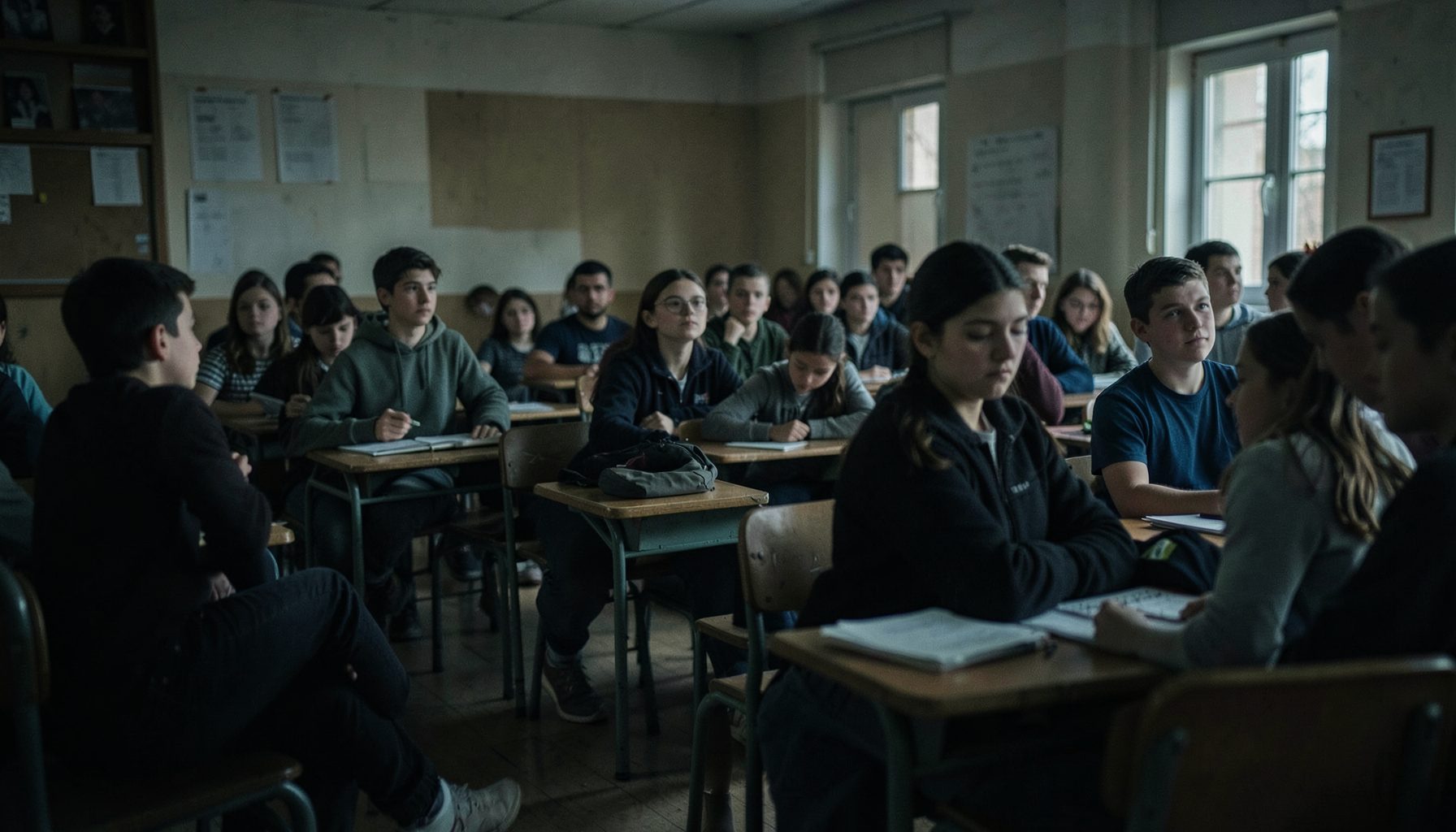 Кадр из сериала: школьный класс с рядами парт, приглушённое освещение, напряжённая атмосфера подростковой драмы
