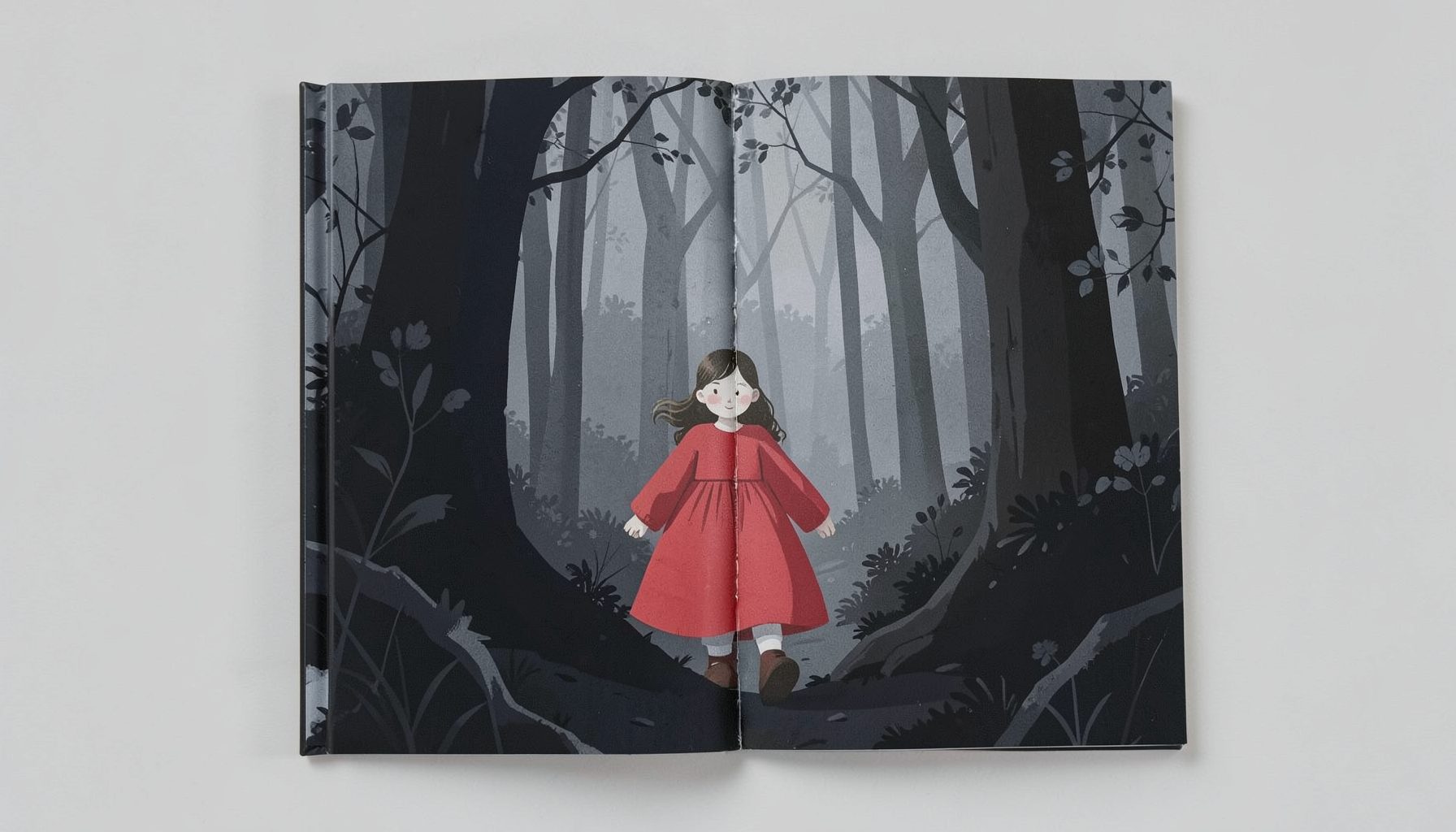 Книжная иллюстрация в приглушённых тонах: девочка в красном плаще идёт по тёмному лесу, графичный стиль с элементами коллажа